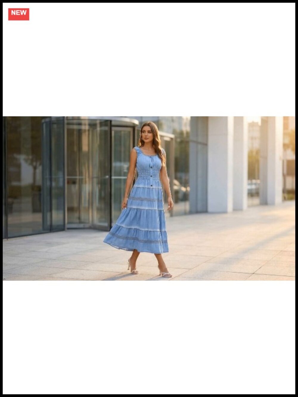 100% Cotton Denim Maxi Dress Sleeveless A-Line Embroidery Long Sundress - Picture 4 of 6